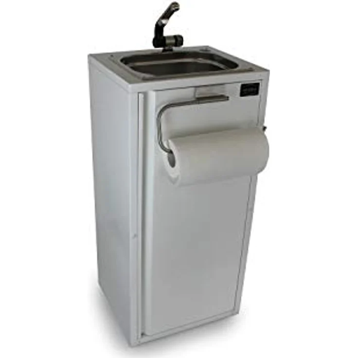 ad-ideen Mobiles Handwaschbecken 230V, Edelstahl-Spüle mit Automatikwasserhahn, Creme Weiß, inkl. Wasserkanister und Papierrollenhalter – Bild 1