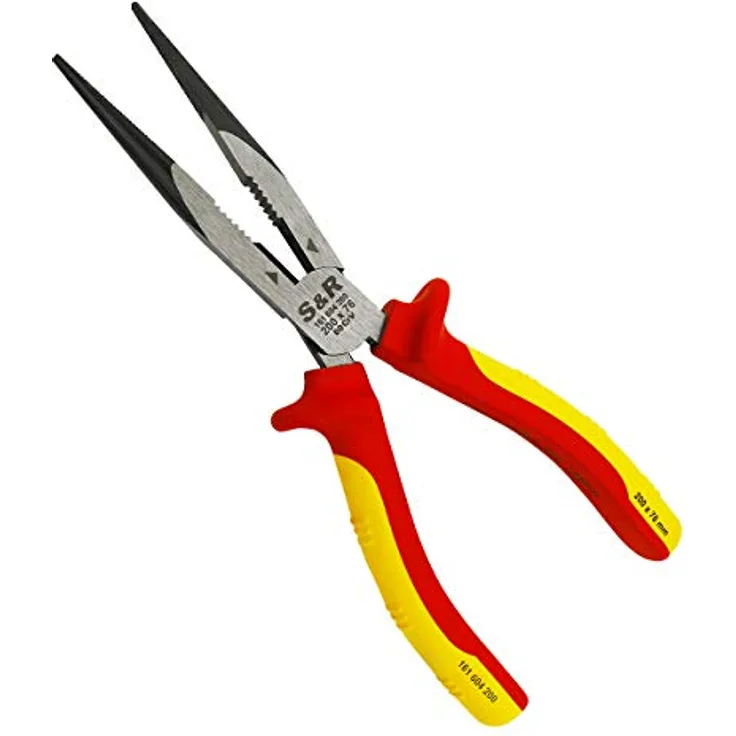 S&R VDE Flachrundzange 200 mm, gerade Spitzzange, 60 CrV Stahl, hitze- und induktionsgehärtet, HRC 66, mit 2K-Griff und Abrutschschutz