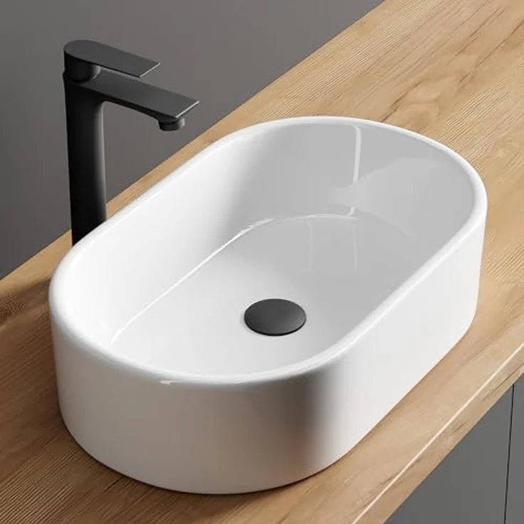 Planetmöbel Aufsatzwaschbecken Aquil Elegant, ovales Badezimmer Waschbecken 55 cm, matt, weiß für Waschtisch – Bild 1