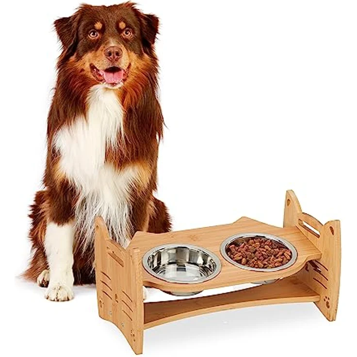 Relaxdays Futterstation Bambus, für Katzen & kleine Hunde, HBT: 18 x 36 x 21 cm, Napfständer mit 2 Näpfen, Natur/Silber – Bild 1