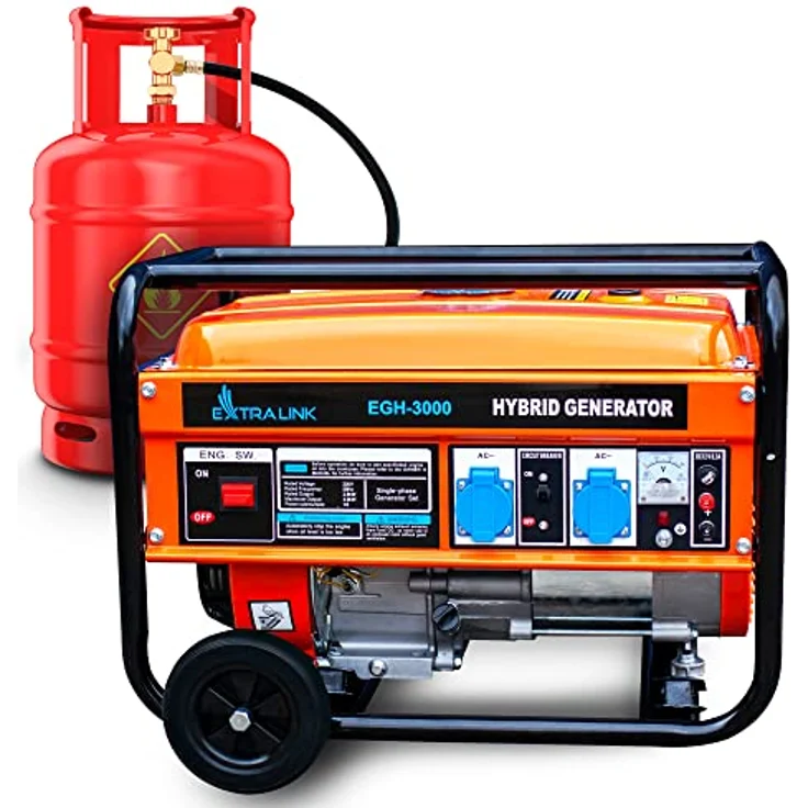 Extralink EGH-3000 Stromgenerator Hybrid Gas LPG CNG Benzin 3kW 1F Generator 3000W Tankvolumen 15L Easy-Start 2x AC 230V Camping, Schwarz – Bild 2