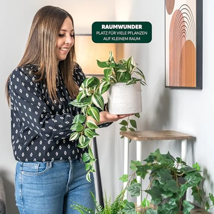 eluno Blumenständer, dekoratives Blumenregal aus FSC-zertifiziertem MDF-Holz und weißem Metall mit 5 Ablagen, max. 5 kg pro Platte, höhenverstellbar – Bild 5