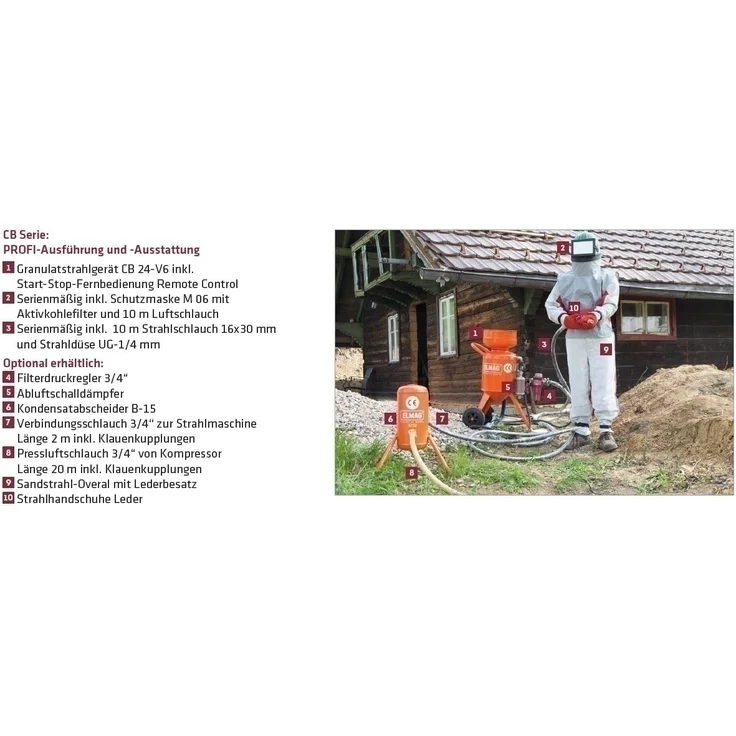 Elmag Sandstrahlgerät Modell CB 24-F-V2, 10m Schlauch, Verfahrbarer Rundtank, Remote-Control und Vollvisier-Schutzmaske