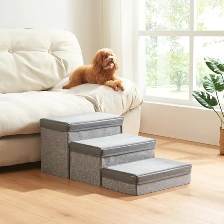 [en.casa] Hundetreppe Vojens Hunderampe für kleine Hunde 3-stufig Haustierleiter klappbar Grau 30 cm hoch 75 x 40 x 30 cm