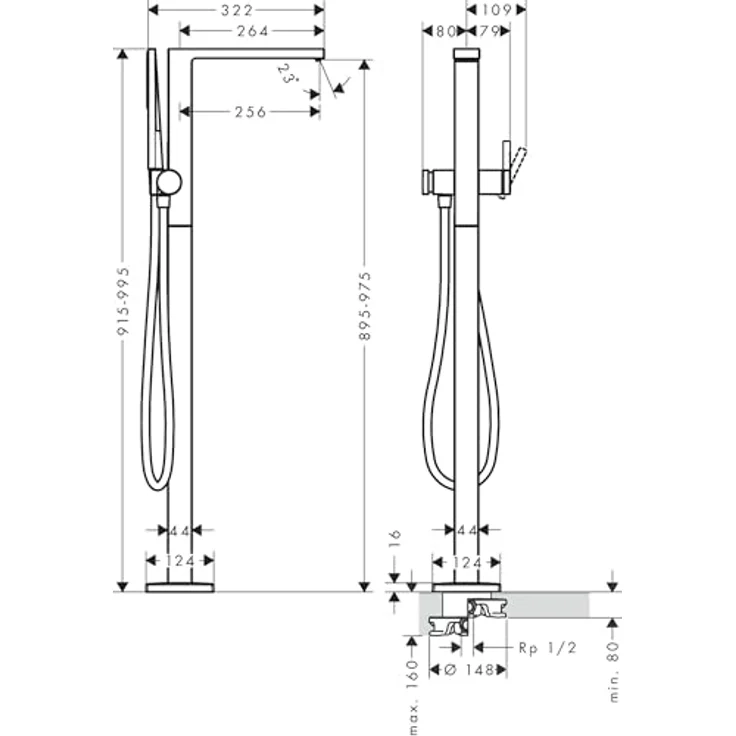 Hansgrohe Tecturis E Einhebel-Wannenmischer, bodenstehend mit Wasserfall-Auslauf, inkl. Handbrause und Zubehör, 264 mm Ausladung – Bild 6