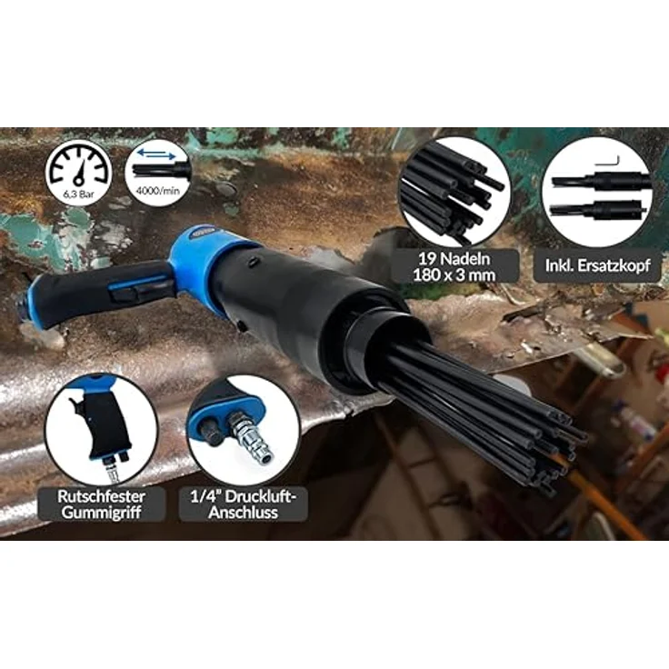 Deuba Druckluft Nadelentroster und Ersatzkopf 4000 U/min bis 260 l/min Nadelpistole Entroster Rost Entferner Lackentferner – Bild 2