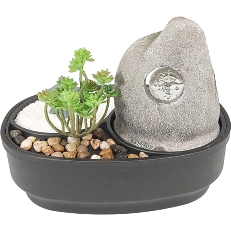 Lemodo Zimmerbrunnen Tischbrunnen mit Zen-Garten, Pumpe mit LED-Beleuchtung und Miniatur-Rechen, Polyresin, LED-Beleuchtung, inklusive Kieselsteine, Splitt (Buddha) – Bild 5