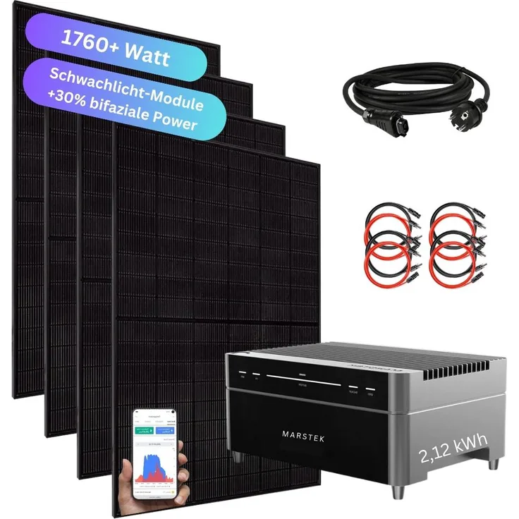 MYVOLTAICS Balkonkraftwerk 1760Watt mit Speicher Marstek Venus A 2,12 kW, aufrüstbar, Nulleinspeisung, Notstromfähig, Unterkonstruktion für Dachziegel, bifaziales Solarmodul