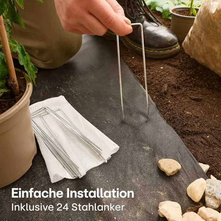 Praknu Unkrautvlies 100g/m² Extra Stark, UV-beständige Unkrautfolie mit 24 Erdankern, wasserdurchlässig & reißfest, 50m² Gartenfolie gegen Unkraut – Bild 3