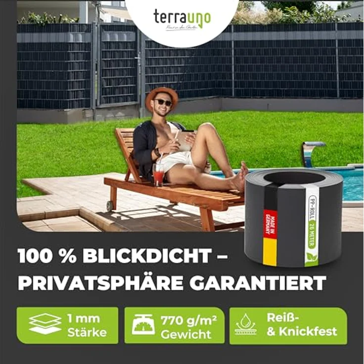 TerraUno Sichtschutzstreifen für Doppelstabmatten, Polypropylen, 100% blickdicht, UV-beständig, Anthrazit RAL 7016, 26m x 19cm Rolle, Lederoptik, Made in Germany – Bild 4