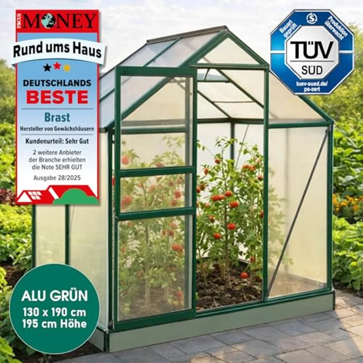 BRAST Gewächshaus Aluminium mit Fundament, 130x190x195cm, grün, 6mm Hohlkammerplatten, rostfrei, wetterfest und temperaturbeständig – Bild 2