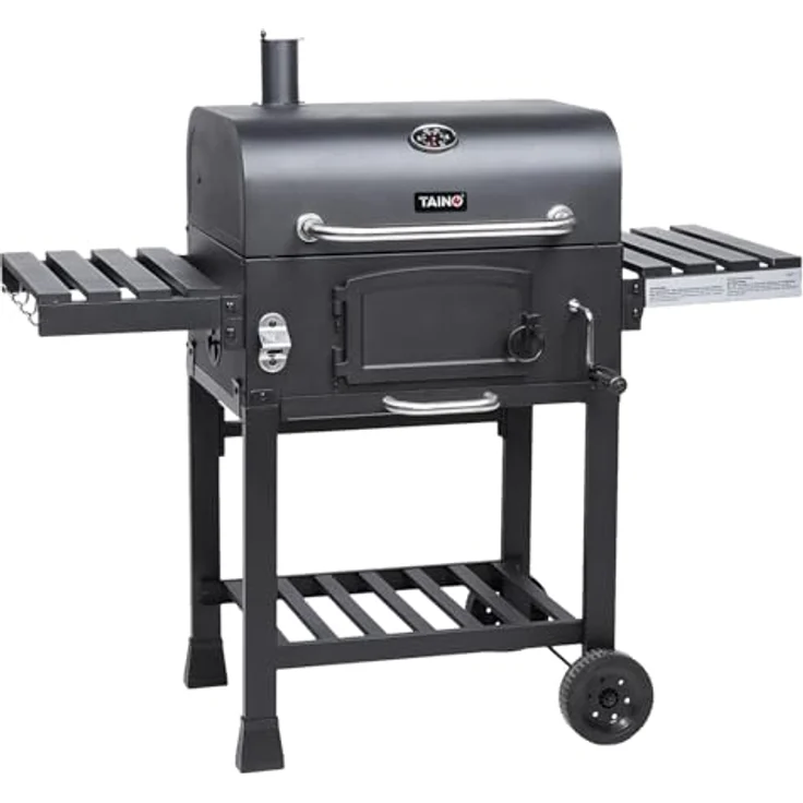 TAINO HERO XL, Holzkohlegrill Set mit Abdeckhaube, Grillplatte und Smoker-Funktion, 113,5 x 124 x 66 cm, höhenverstellbare Holzkohle-Wanne, integriertes Thermometer, klappbare Seitentische – Bild 2