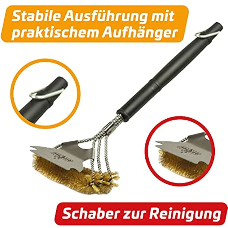 Grillfürst 2X Premium Grillbürste mit Messing Borsten, 45 cm - Grill Reinigungsbürste für Grillrost, Grillrost Bürste mit breitem 3-Fach Bürstenkopf und Schaber – Bild 3