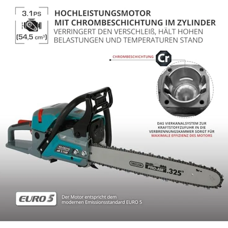 Könner & Söhnen Benzin-Kettensäge KS CS31G-20-1, 2,3 kW, 54,5 cm³, Schwertlänge 50 cm, Easy-Start-System, Anti-Vibrations-Technologie, hohe Sicherheit – Bild 5