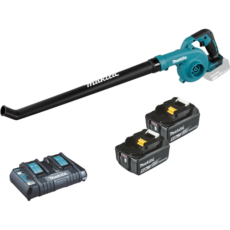 Makita DUB186PTE Akku-Laubbläser 18 V / 2x 5,0 Ah Akku + Doppelladegerät, Handliches Gebläse mit leisem Betrieb, in Blau
