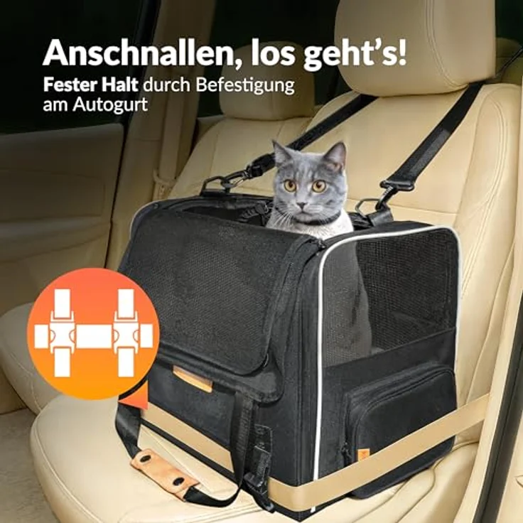 Cadoca Tiertransportbox, faltbare Transporttasche für Hunde und Katzen, anthrazit, mit wendbarem Liegekissen und integriertem Sonnen- und Regenschutz – Bild 4