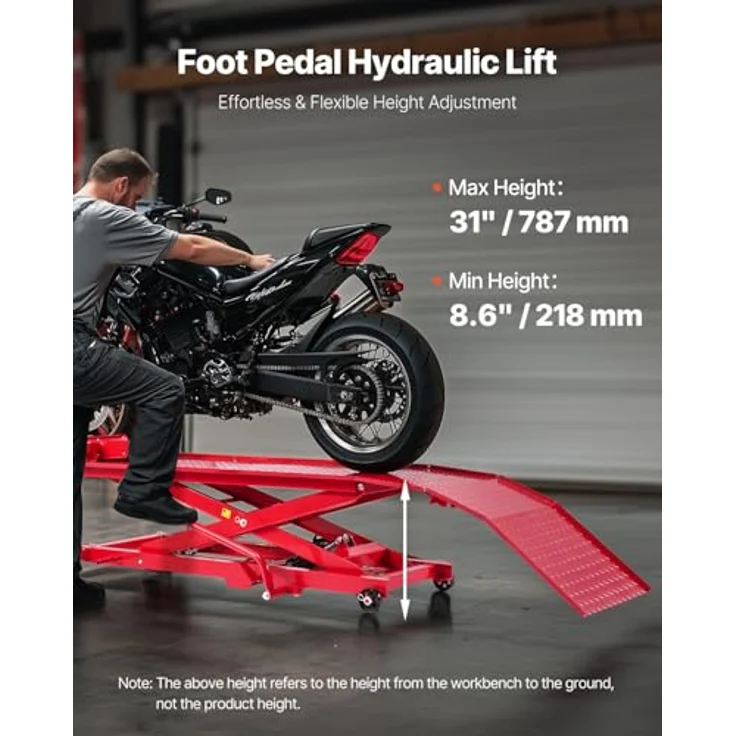 VEVOR Hydraulischer Motorradheber, Motorradlift mit max. Hubhöhe 787 mm, Tragkraft 453,59 kg und Sicherheitsverriegelung für ATVs und Offroad-Motorräder – Bild 2