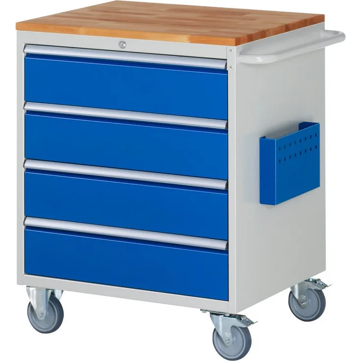 RAU Transportwagen Montagewagen 770x650x975mm, 4xSchubladen, lichtgrau/enzianblau, belastbar und langlebig mit Teilauszug und Zylinderschloss
