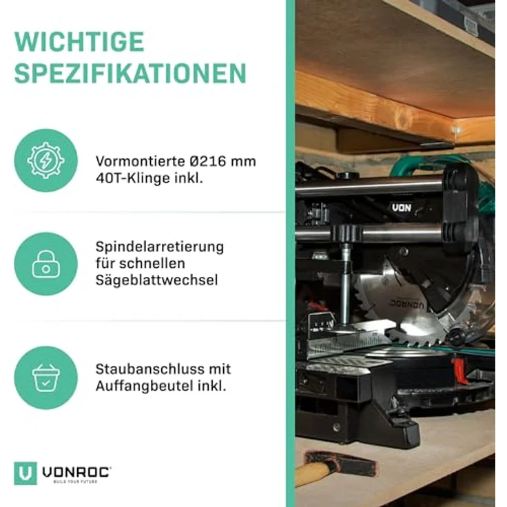 VONROC MS504AC Kapp- und Gehrungssäge, 2200W, 216mm, mit Laser und LED-Beleuchtung, kompakt mit Schiebesystem – Bild 6