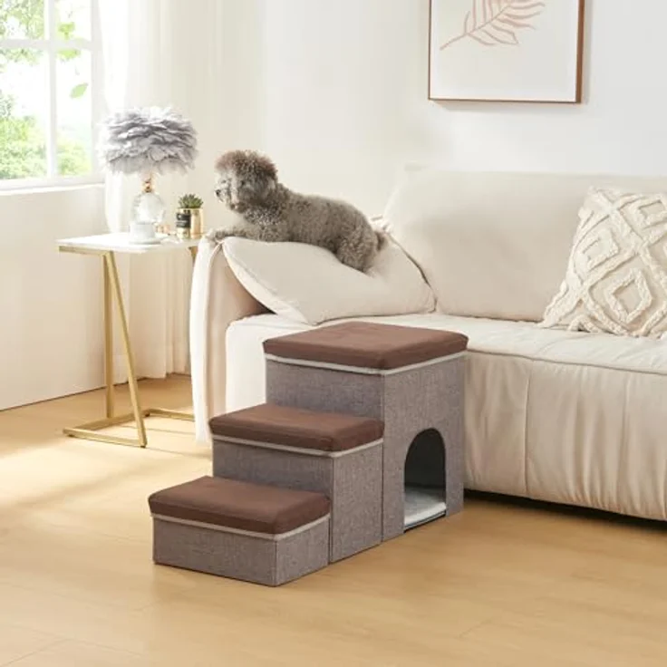 en.casa Hunderampe, »Vojens« bis 30 kg 76x33x43cm Braun / Grau, praktische dreistufige Treppe für Hunde und Katzen, platzsparend zusammenklappbar, gelenkschonend – Bild 2