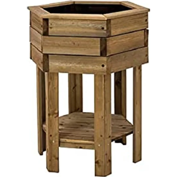 NATIV Hochbeet sechseckig | Pflanzkasten aus Holz in Wabenform | braun | Pflanzkübel mit Einlegefolie | zusätzliche Ablage für Gartengeräte | 56 x 67 x 80 cm