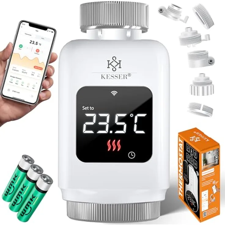 KESSER® Heizkörperthermostat 2er Set, WiFi Heizungsregler mit Smart Home App Steuerung, Sprachsteuerung über Alexa und Google Assistant, inklusive 6 Heizkörperventilen, schwarz oder weiß