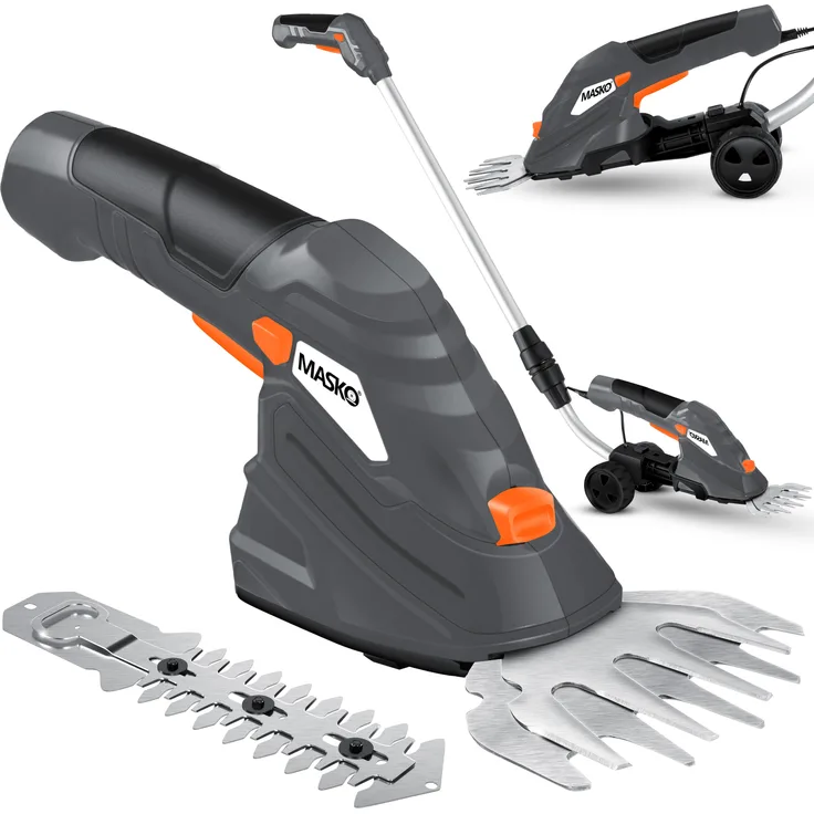 MASKO Grasschere Strauchschere Set mit Akku 7,2V 2000mA-h + Ladegerät - elektrische Garten Heckenschere Rasenschere Inkl. Grasmesser + Strauchmesser inkl. Teleskopstange 90-130 cm mit Rädern Grau - Preisvergleich