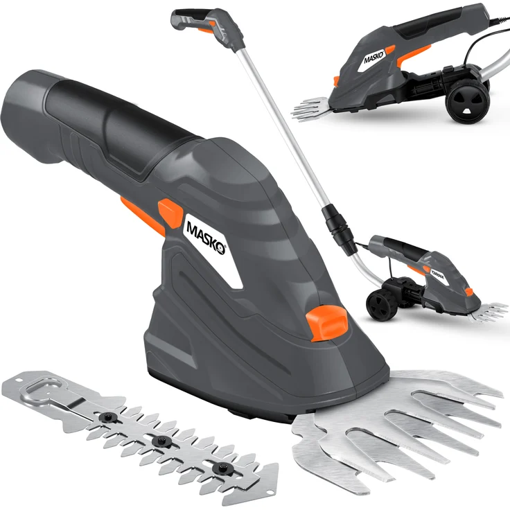 MASKO Grasschere Strauchschere Set mit Akku 7,2V 2000mA-h + Ladegerät - elektrische Garten Heckenschere Rasenschere Inkl. Grasmesser + Strauchmesser inkl. Teleskopstange 90-130 cm mit Rädern Grau - Preisvergleich – Bild 1