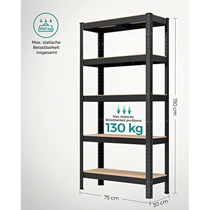 SONGMICS Schwerlastregal, 2er Set, Kellerregal, bis 650 kg belastbar, 5 verstellbare Ablagen - Schwarz – Bild 3
