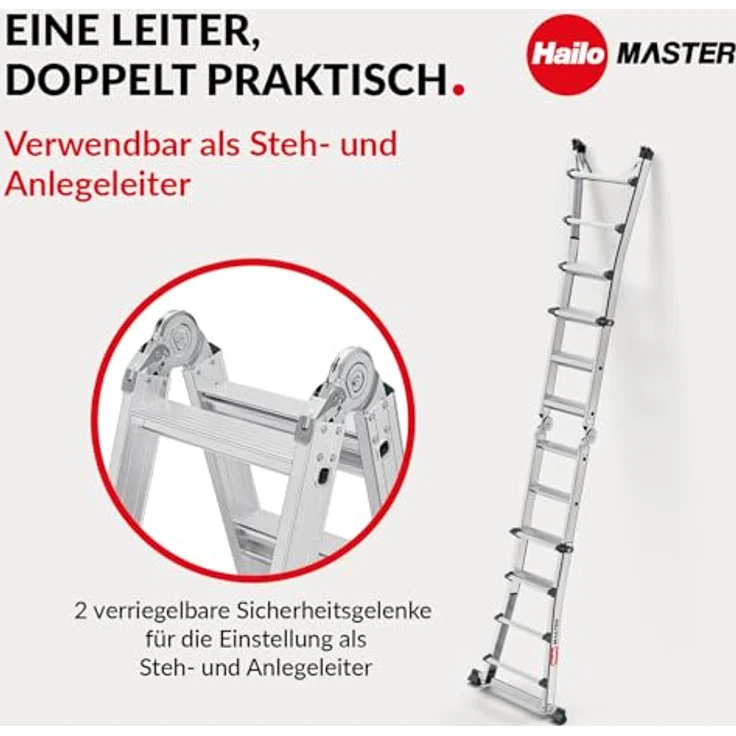 Hailo Master M100 Aluminium-Multifunktions-Stufenleiter, 4 x 4 Stufen, Anlege-, Schiebe- und Stehleiter, belastbar bis 150 kg, Silber – Bild 4