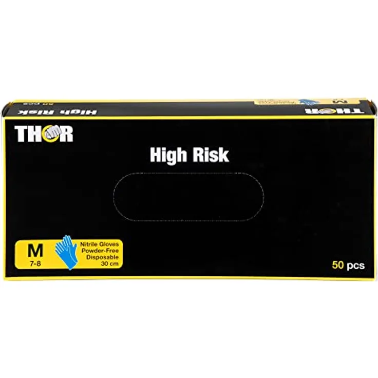 THOR High Risk Nitrilhandschuhe 50 Stück (30 cm, Größe M) | Blaue Einmalhandschuhe zum Kochen Putzen uvm | Einweghandschuhe ohne Puder | Latexfreie Handschuhe Nitril Gloves