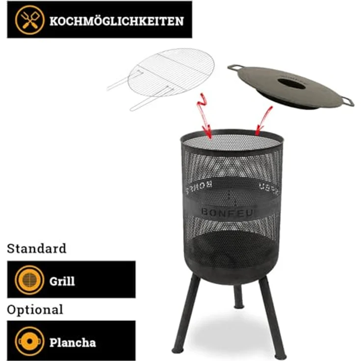 BonFeu Bonves Ø45cm Schwarz, Feuerkorb aus stabilem Stahl mit Grillrost & Schürhaken, hitzebeständig und langlebig, für Garten und Kochen – Bild 4
