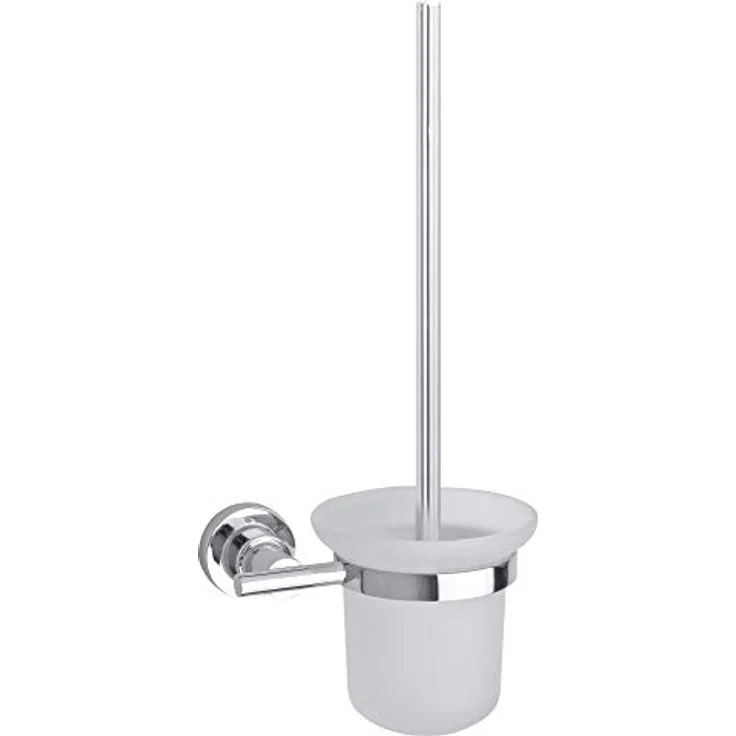 tesa LUUP WC-Garnitur, satiniertes Glas und verchromter Edelstahl - Toilettenbürsten-Set zur Wandbefestigung ohne Bohren, inkl. Klebelösung - 385mm x 160mm x 120mm – Bild 1
