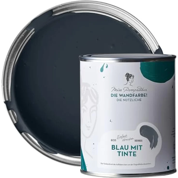 MissPompadour Wandfarbe Blau mit Tinte, abwaschbare Wandfarbe, hohe Deckkraft, 1 L, scheuerbeständig, wasserbasiert – Bild 1