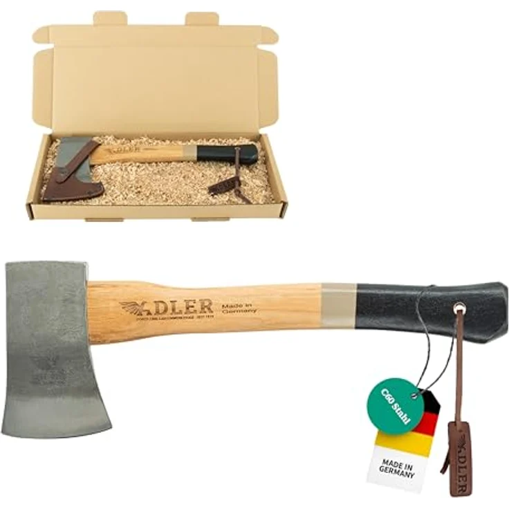 Adler Yankeebeil inkl. Lederschutz: Geschmiedetes Holzbeil aus C60-Stahl, Anti-Rutsch Griff, Survival Axt für Camping & Wandern, Braun/schwarz, 650 g – Bild 1