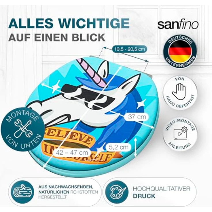 Sanfino WC Sitz Funky Unicorn, Toilettendeckel aus Holz mit Absenkautomatik, hellblau mit buntem Einhornmotiv, Maße 43,5 x 37,5 cm – Bild 6
