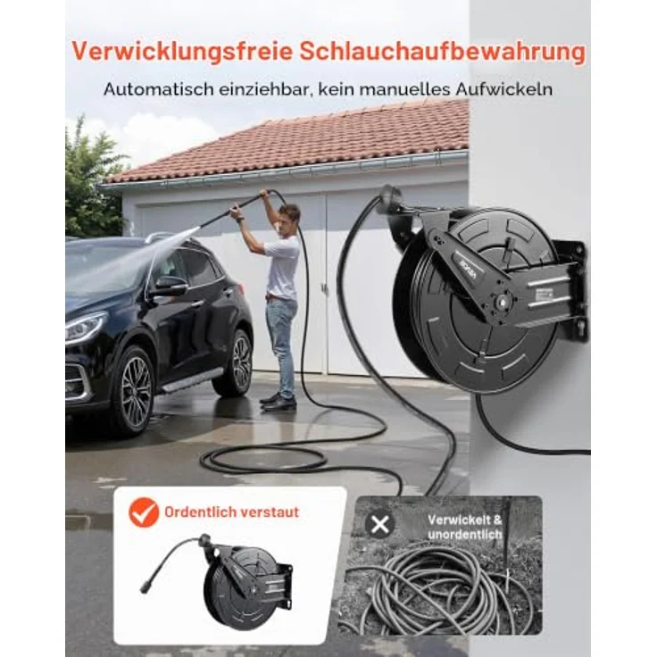 VEVOR Hochdruckreiniger-Schlauchtrommel, 15,2 m x 9,5 mm, automatisches Aufrollen, max. 275 bar, flexible Wand-/Bodenmontage für Garten und Autowäsche – Bild 2