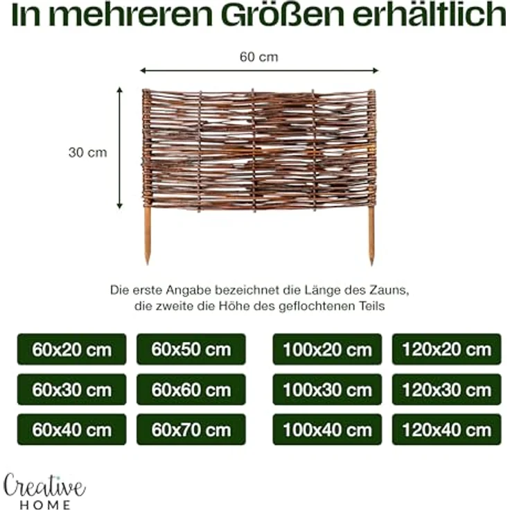 Creative Home Beeteinfassung Weide Weidenzaun 5er Set, 60 x 40 cm, stabil und robust – Bild 3