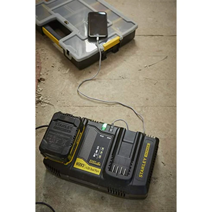 STANLEY FATMAX SFMCB24-QW, Zweischacht-Schnell-Ladegerät, 18 Volt, 4 Ampere, für V20 Lithium-Ionen-Akkus, mit USB-Ladeport und LED-Ladezustandsanzeige – Bild 5