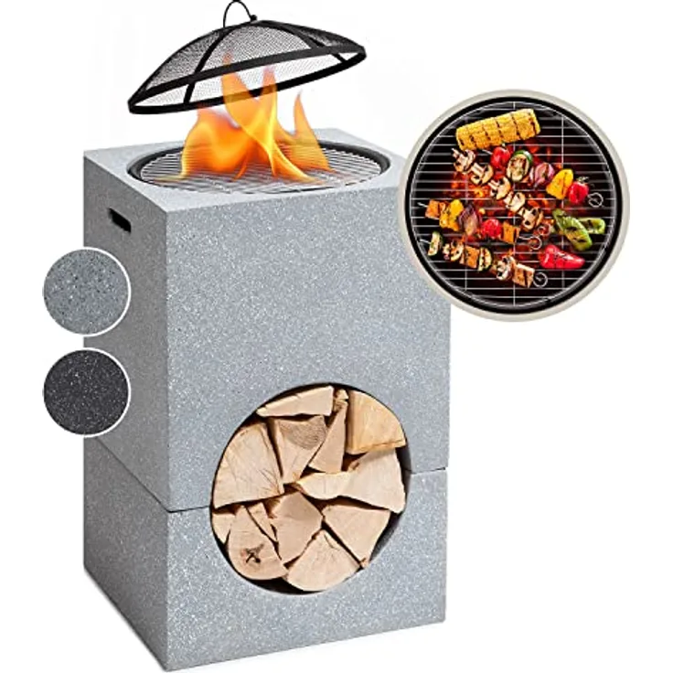 Blumfeldt Feuerschale, Tragbare Feuerstelle Outdoor mit Grillrost & Holzlagerfach, Sichere Stahlschale, 50 x 75 x 50 cm