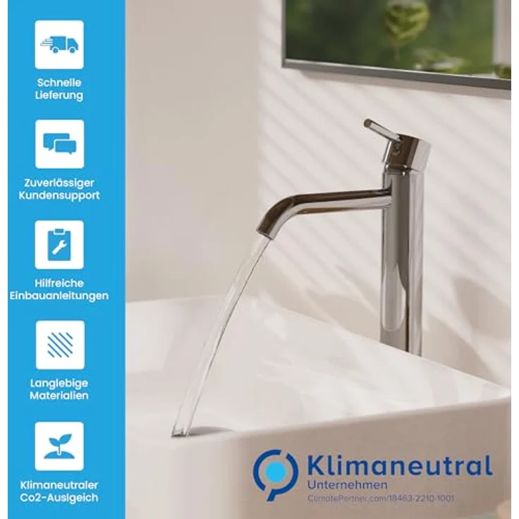 Bächlein Badarmatur Susara hoch mit gebogenem Auslauf, Extra hoher Design Einhebelmischer für Aufsatzwaschbecken mit langlebiger Keramikkartusche und Montage-Set, Bad Wasserhahn Chrom – Bild 5