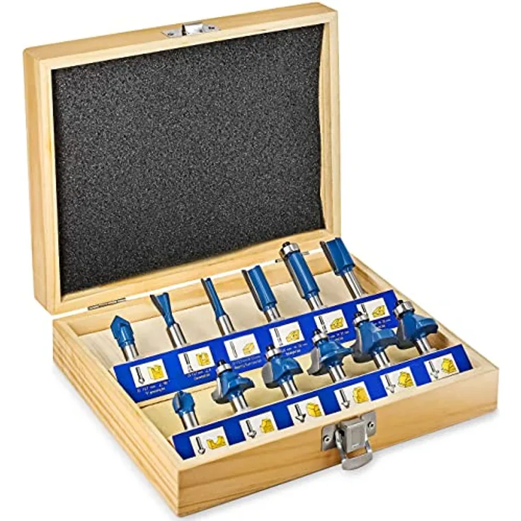 S&R Fräser-Set HM für Oberfräsen, 12 tlg, Zylindrischer Schaft 8 mm, präzise Hartmetall Schneideplatten, Holzfräs-Bits aus geschmiedetem Werkzeugstahl, in Holzbox, Fräser für Kantenfräse, Holzfräse