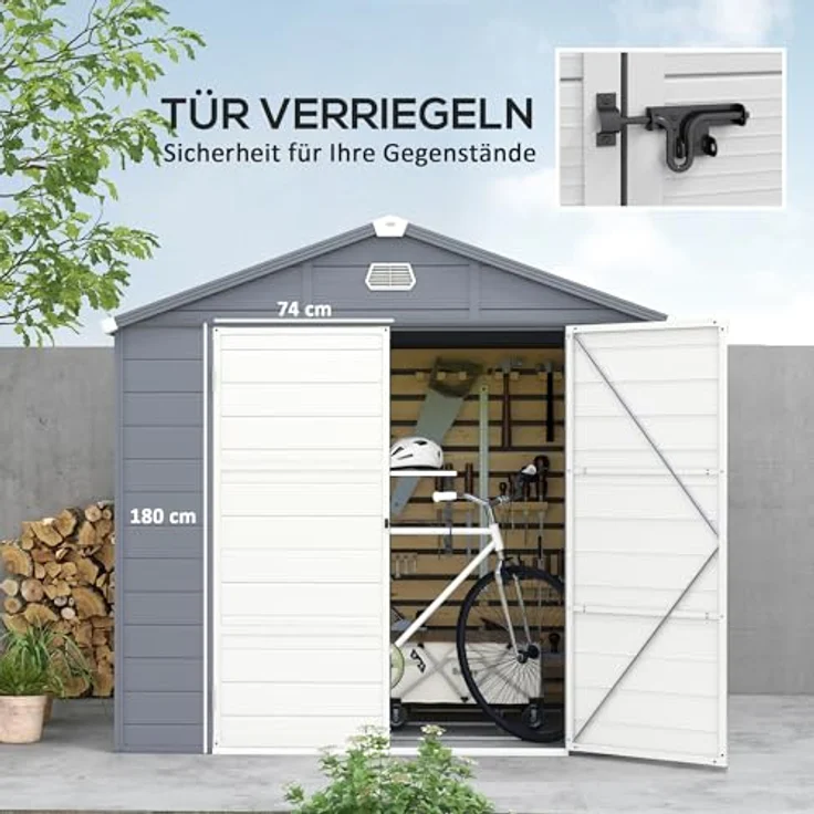 Outsunny Gerätehaus 4,1m³, Gartenhaus mit Pultdach, 240 x 190 x 180/228 cm, Grau, Abschließbare Tür, Fenster, Fahrradgarage, Gartenschrank aus Aluminium – Bild 4