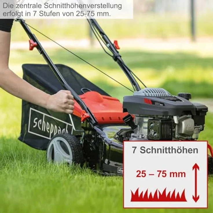 Scheppach MS150-42E SE Benzin Rasenmäher, 3,7 PS mit E-Start, 42cm Schnittbreite, Radantrieb, inkl. 2Ah Akku + 2,4A Ladegerät – Bild 5