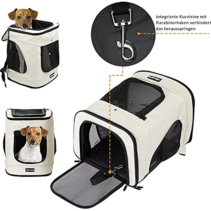 CADOCA® Haustierrucksack bis 12 kg verstellbare Gurte faltbar Kurzleine Haustier Tragetasche Katze Hund Rucksack Beige – Bild 5