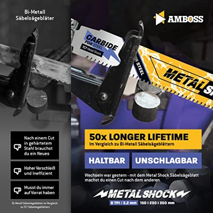 AMBOSS METAL SHOCK - 3x Säbelsägeblatt Länge 150 mm / 8 ZpZ - ideal für Abriss / Fahrzeugrettung / Aufbau / Demontage / Rohrleitungsbau - geeignet für Stahl (Rohre / Profile / Träger) sowie Gussrohre – Bild 3