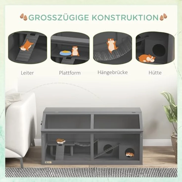 PawHut Hamsterkäfig aus Holz, 100cm Nagerhaus, Kleintierstall, Spielhaus mit Hängebrücke, Leitern, zu öffnendes Dach, Hütte, Dunkelgrau – Bild 3