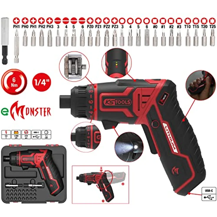 KS Tools eMONSTER 1/4“ Akku-Bit-Schrauber-Satz, 27-tlg., 3,6V mit ergonomischem Griff, USB-C aufladbar, Drehmomentvorwahl, LED-Arbeitslicht, in Kunststoffbox – Bild 2