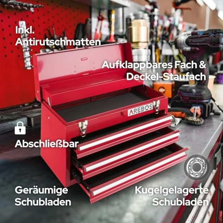 Werkzeugkoffer mit 3 Schubfächer rot - Werkzeugkasten Werkzeugbox Werkzeugkiste - rot - Arebos – Bild 2