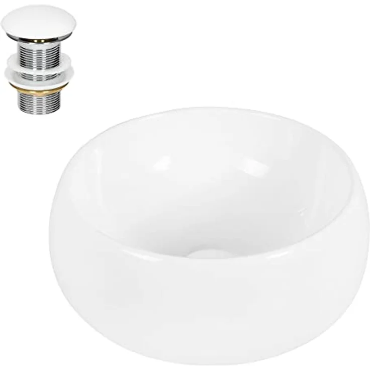 ECD Germany Waschbecken Waschtisch Ø 400 x 350 mm Keramik Rund Weiß inkl. Ablaufgarnitur für Waschbecken ohne Überlauf Aufsatzbecken Aufsatzwaschbecken Aufsatzwaschtisch Waschschale Spülbecken Becken – Bild 1